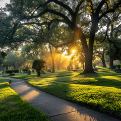 Fototapeta premium Early morning light filters through majestic oak trees in a beautifully landscaped cemetery, creating a tranquil atmosphere with manicured pathways and vibrant green grass