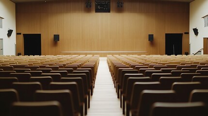 A minimalist international auditorium, featuring wooden panel walls