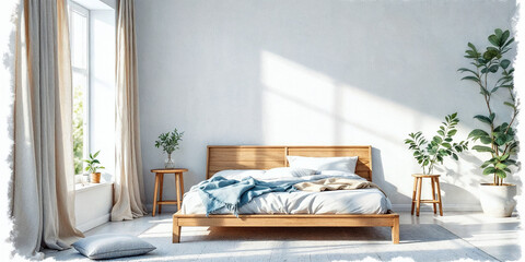 Watercolor Illustration of Bedroom Interior Design with Space for Text