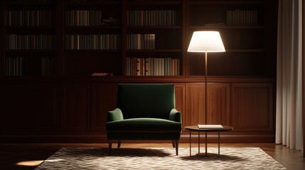 Cozy reading nook home library interior design warm ambiance eye-level view serenity and comfort