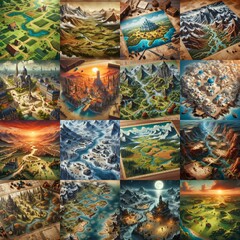 Fototapeta premium Different Battlemaps landscapes illustration. AI generated illustration