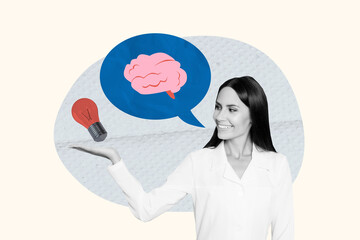 Creative photo collage young cheerful woman doctor professional lightbulb idea brainstorming mind...