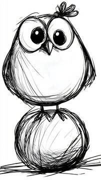  a sketch of an owl sitting on top of a ball, with a white background The owl has big, round eyes, a small beak, and a wide, toothy grin Its feathers are shaded in