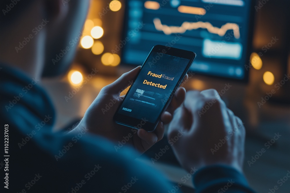 Poster cybersecurity alert: a man is shown holding his phone, a notification on the screen warning of poten