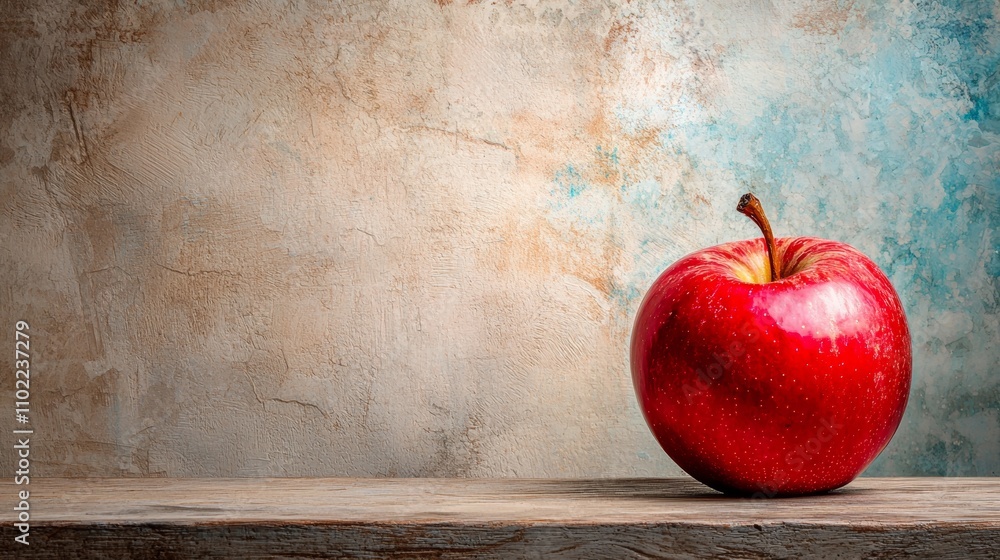 Poster red apple on a wooden surface with a rustic textured background