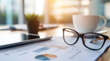 Close-Up of Business Workspace Featuring Glasses, Coffee Cup, Succulent Plant, and Financial Graphs on Table in Modern Office Environment