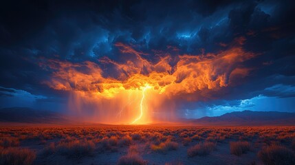 A dramatic lightning storm illuminates the sky over a desert landscape at dusk.