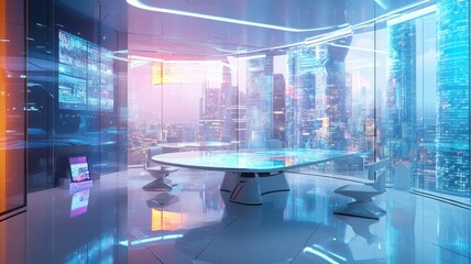 A futuristic office space with sleek design, large glass windows, and a high-tech table, overlooking a vibrant city skyline.
