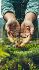 Hands holding lush landscape with wind turbine and greenery, double exposure conceptual