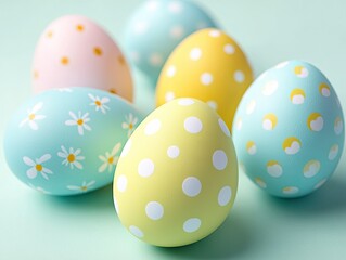 Painted easter eggs decorated with dots and flowers on pastel mint background. 
