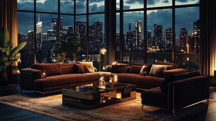 A cozy, modern living room with a panoramic city view at night, featuring elegant furniture and warm lighting.