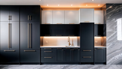 Fototapeta premium Elegant modern kitchen with black and white cabinetry and luxurious gold fixtures. Generative AI
