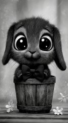  a cute black and white bunny sitting in a flower pot with a bow tie The bunny has big eyes and is surrounded by a few flowers The background is slightly blurred,