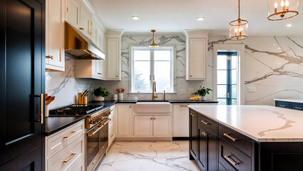 Elegant kitchen design with black and white cabinets and stunning gold fixtures. Generative AI