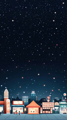Vibrant illustration of bustling cityscape at night with colorful buildings and stars