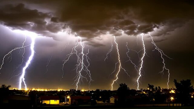 Dramatic lightning strikes illuminate the night sky over a suburban landscape during a summer thunderstorm