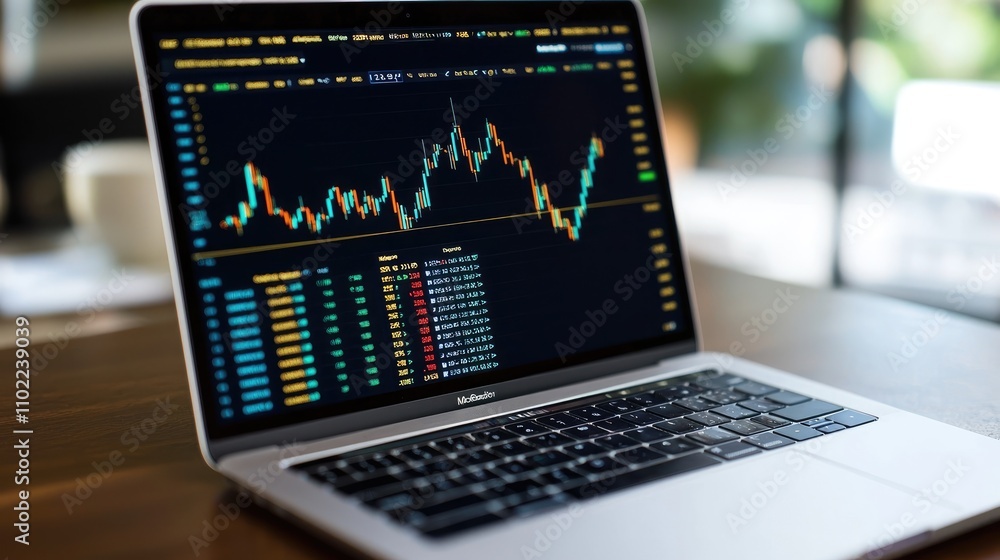 Poster computer screen displaying colorful financial trading chart with stock prices and market trends for 