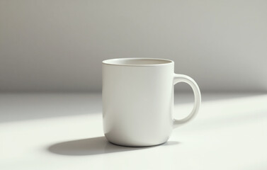 Obraz premium A matte ceramic mug with a smooth, curved handle sits on a clean, white tabletop