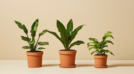 Fototapeta premium Three house plants of varying sizes placed side by side in minimalist pots, showing small, medium, and large growth stages.