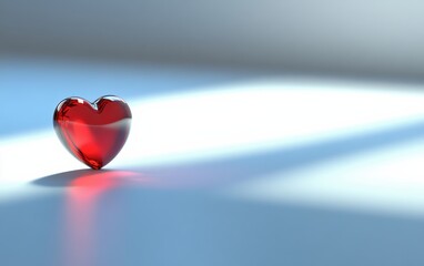 A single glass red heart on a white background with soft shadows and space for text.