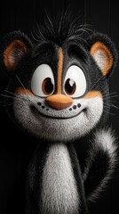  an animated black, white and orange cat with a big smile on its face against a black background