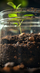 Moist plant soil in glass jar with sprouting seedling, showcasing rich texture and soft lighting