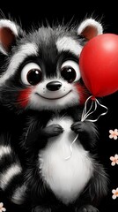  a cute raccoon holding a red balloon in its hand, surrounded by a few flowers against a black background The image is animated, giving it a lively and cheerful fee