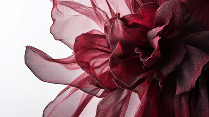 Textured translucent fabric flower in garnet red against white background, showcasing intricate details