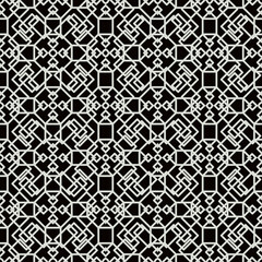 Intricate geometric pattern with interlocking shapes, featuring white lines on a black background. Perfect for decorative arts, textiles, and architectural designs.