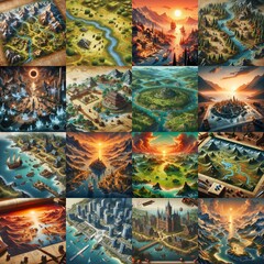 Fototapeta premium Different Battlemaps landscapes illustration. AI generated illustration