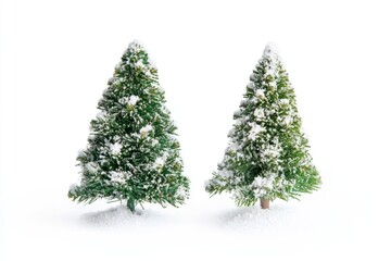 Fototapeta premium Two small snow-covered Christmas trees isolated on a white background.