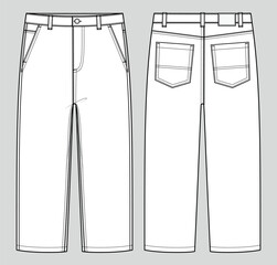 Skater fit comfort jeans. Men's denim wear. Vector technical sketch. Mockup template.