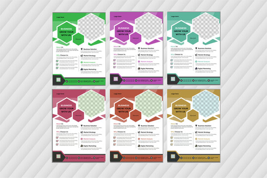 A bundle of 6 templates of different colors ,Flyer Template Multipurpos shape used for  business,marketing flyer editable  template 
