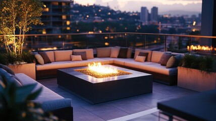 A cozy rooftop patio features a firepit surrounded by modern seating, ideal for evening gatherings with stunning city views.