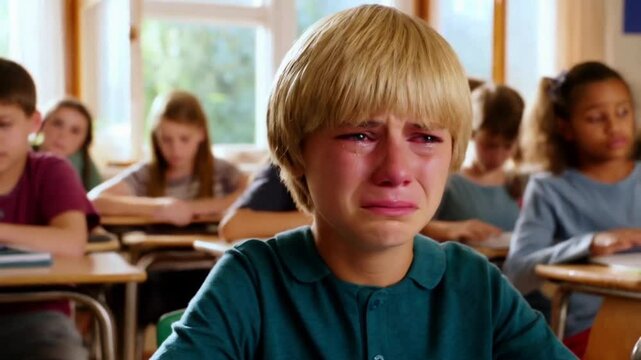 A blond boy sits in a brightly lit classroom, he looks at the test paper on his desk with a puzzled expression, furrowing his brow and cries.