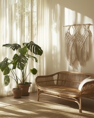 Cozy living room with rattan sofa and green plant natural light interior design modern aesthetic home comforts