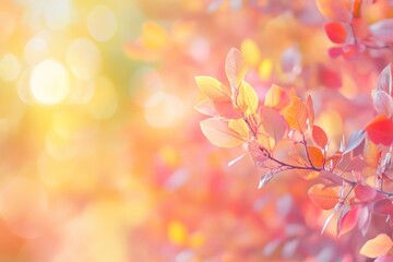 Fototapeta premium Closeup of a vibrant red and yellow leaf branch against a blurred, sunlit background.