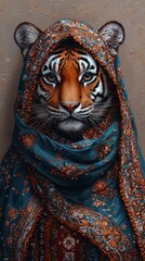  a tiger wearing a blue and orange shawl, set against a brown background The tiger has a fierce expression, with its eyes piercing and its mouth slightly open Its
