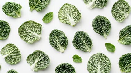  a bunch of green cabbage leaves on a white background The leaves are a vibrant green color and appear to be freshly picked The white background provides a stark c