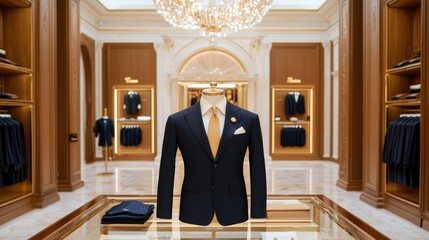 Elegant Display of Tailored Suit in Luxurious Boutique Setting with Crystal Chandelier and Sophisticated Interior Design