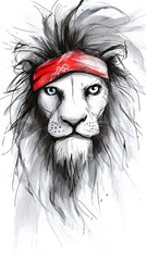  a drawing of a lion with a red bandana on its head, set against a white background The lion has a fierce expression, with its mane and tail flowing in the wind It