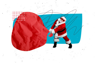 Composite photo collage of serious old man santa claus carry big heavy present bag surprise xmas miracle isolated on painted background