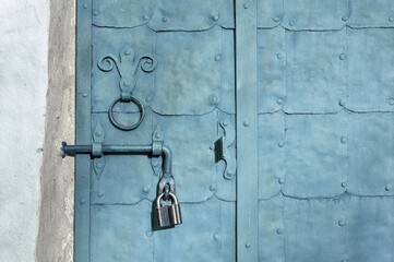 Old metal door of silver color with plates, rivets, and old door handle formed as stylized lily, architecture background with old metal door