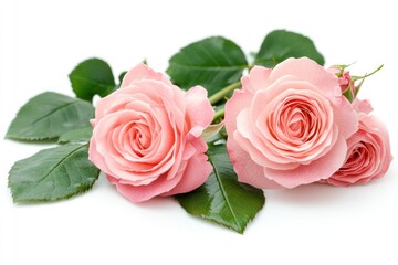 Two delicate pink roses with green leaves isolated on white background.