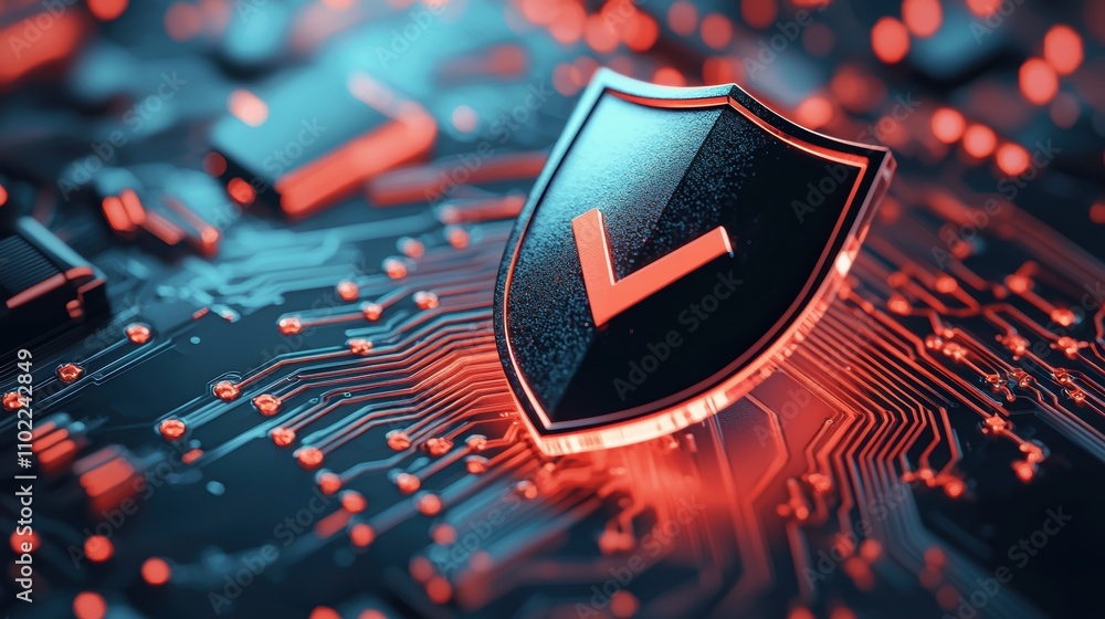 Poster a digital shield icon superimposed on a circuit board background, representing robust cybersecurity 