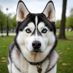 Obraz premium Vertical portrait of a Siberian Husky dog in the park