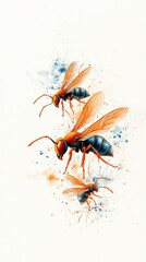 Fototapeta premium three wasps flying in the air against a white background The wasps are painted in vibrant colors, with each one having its own unique pattern of wings and antennae