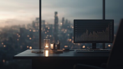 Obraz premium A computer monitor is on a desk with a candle and a keyboard