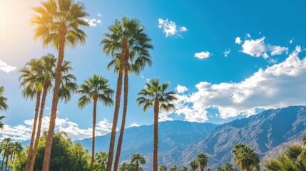 Obraz premium tropical landscape with tall palm trees against blue sky, mountains in background, warm and sunny day,