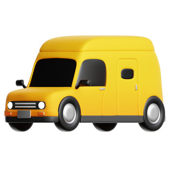 3d render cartoon style delivery yellow van icon on transparent background